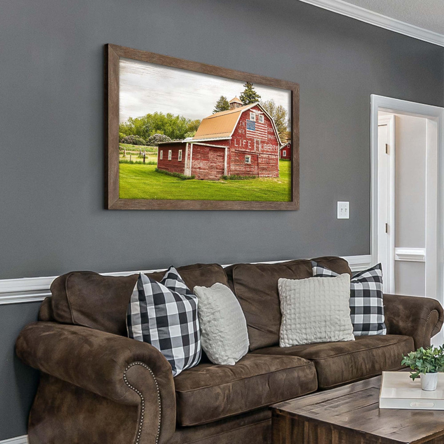 Rural Cabin Framed Wall Art - Rustic Red Farmhouse with American Flag Classic Barn Painting Country Landscape Picture Patriotic Artwork for Home Office