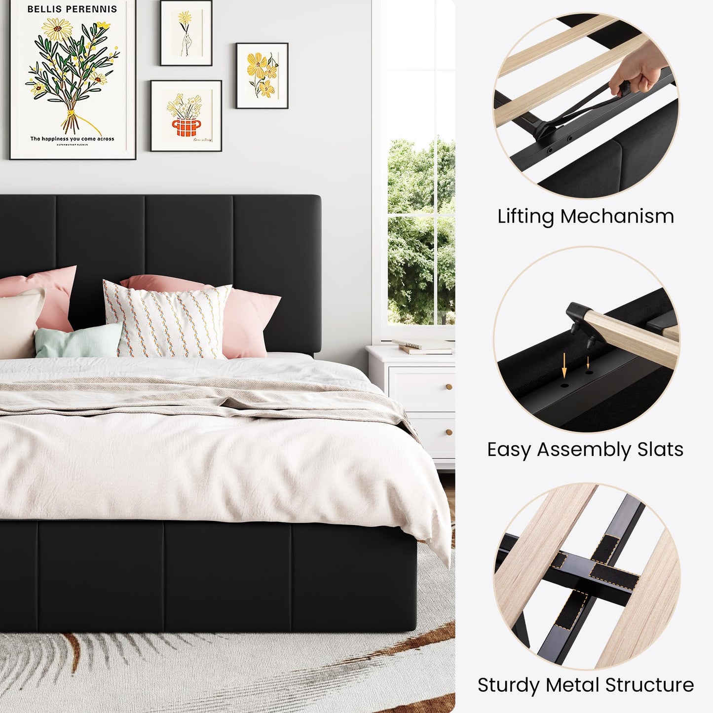 SHA CERLIN Queen Size Lift Up Storage Bed Frame, Adjustable Headboard, Hydraulic Support, Velvet Upholstered, Easy Installation, No Box Spring Needed, Black