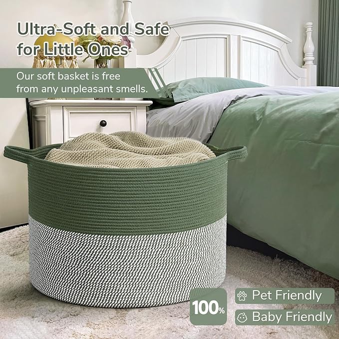 INDRESSME 115L Extra Large Cotton Rope Blanket Basket, Home Decor Laundry Storage Basket for Organizing Bedroom, Living Room, Nursery, Toy Storage for Colthes Towel, Green