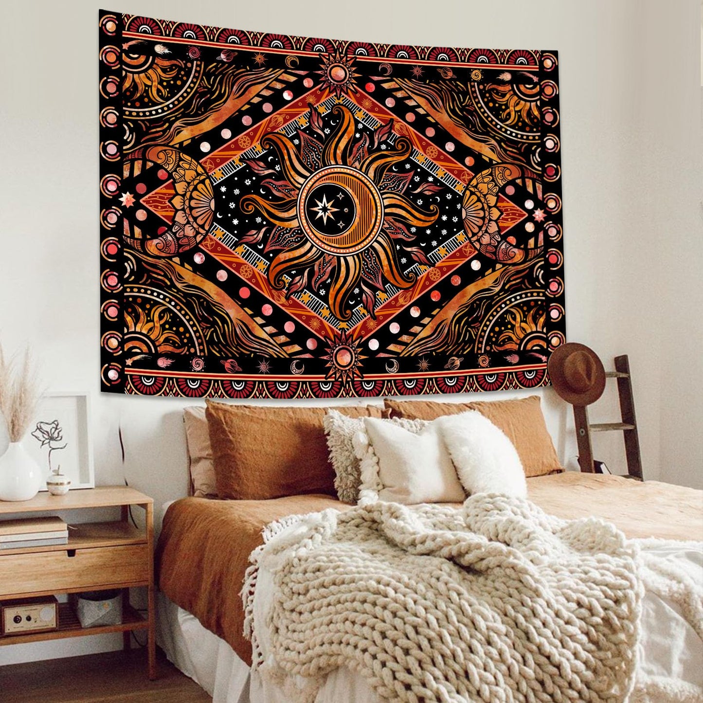 Lunerfex Hippie Sun and Moon Tapestry Bohemian Celestial Tapestries Aesthetic Tapestry for Bedroom and Living Room Decor Sun and Moon 36×48 Inches