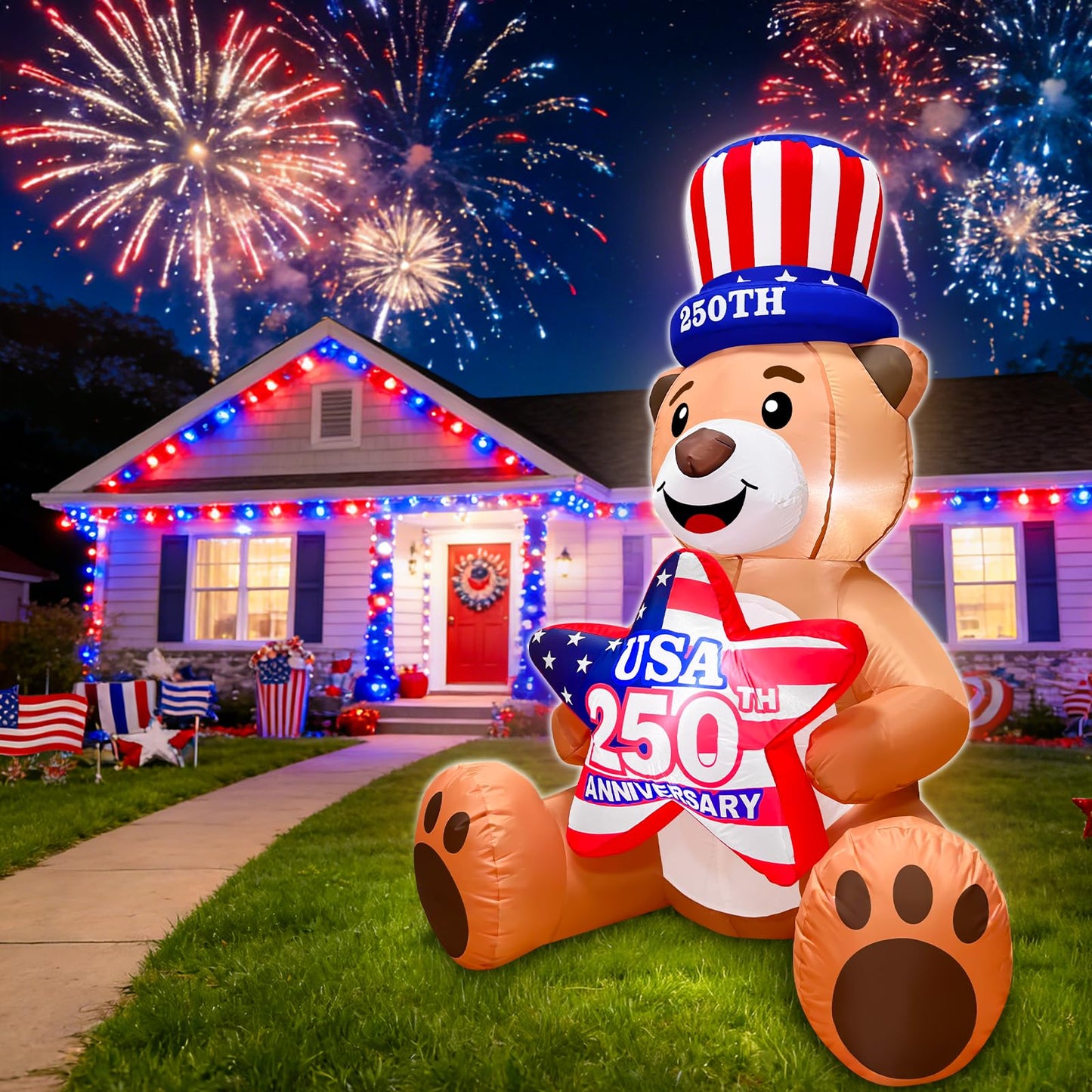 4 Ft Inflatable Uncle Sam Bear with USA 250th Anniversary Star Build-in LED Lights Blow up 4th of July Outdoor Decorations for Home Yard Lawn Garden Independence Day Memorial Day Decor