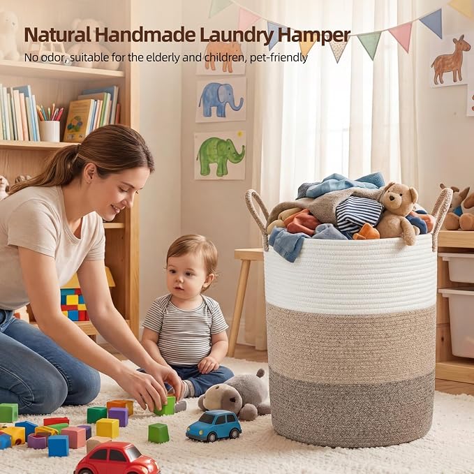 OIAHOMY Large Laundry Basket Hamper - 60L Cotton Rope Woven Basket for Blankets, Toys, Clothes - Tall Decorative Nursery Hamper with Long Handles, Gradient Brown