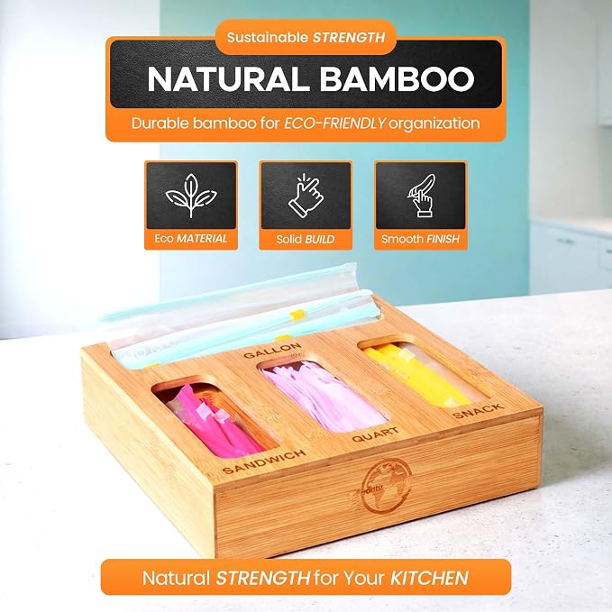 Earth’s Dreams Bamboo Kitchen Drawer Organizer – Resealable Food Storage Bag Holder for Gallon, Quart, Sandwich & Snack Sizes – Eco-Friendly Baggie Organizer for Plastic Storage Bags