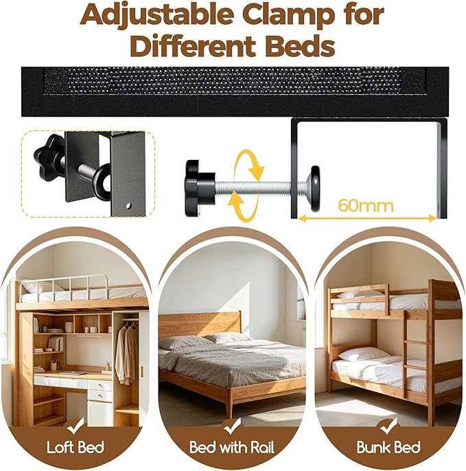 Bedside Shelf for Dorm Room, 2 Tier Clip On Bed Side Table Loft Shelf for Bunk Bed, Bedside Tray with Cable Management, Under Mattress Bedside Shelf, Back to School