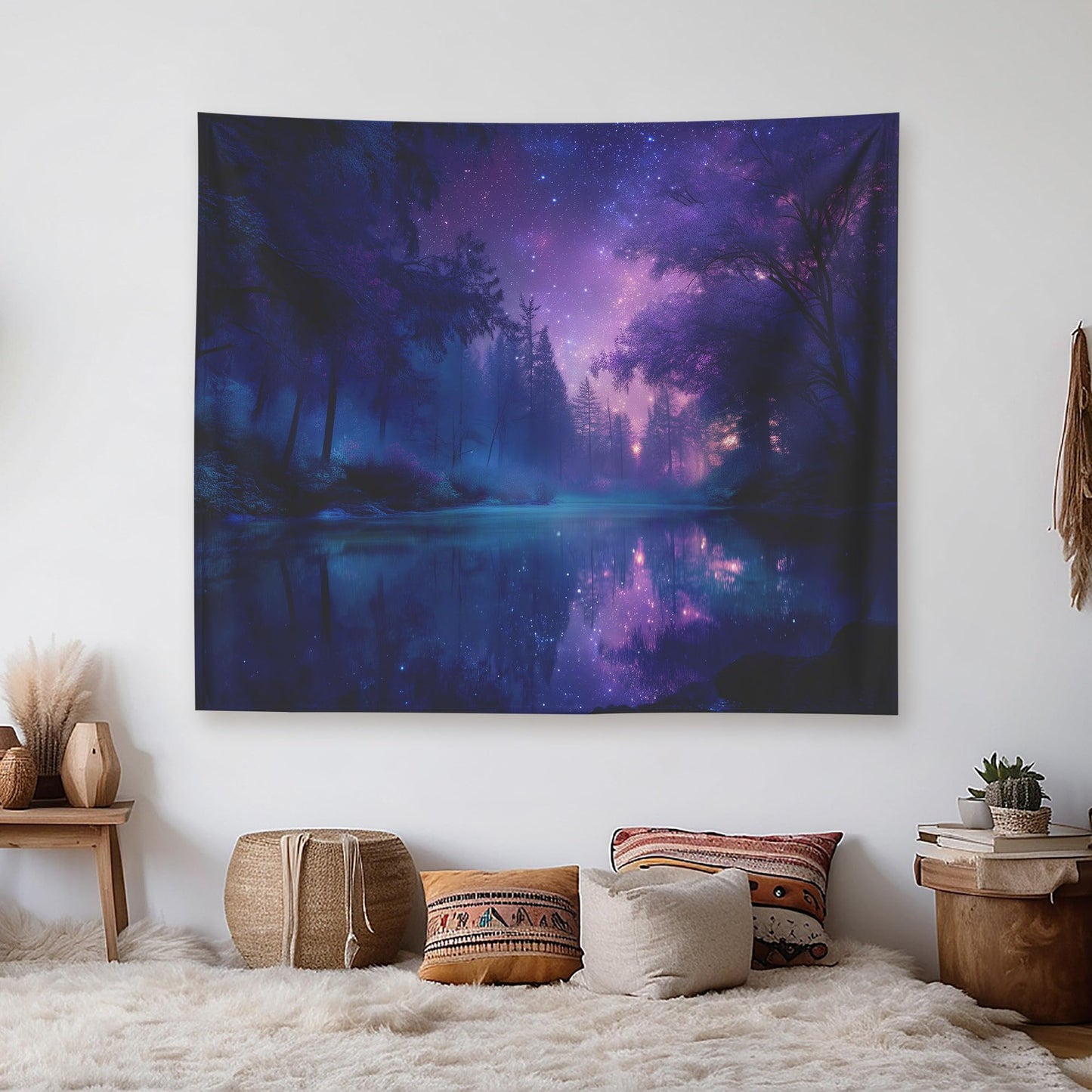 Xolytar Purple Galaxy Forest Tapestry - Starry Night Sky with Misty Trees & Lake Reflection, Dreamy Indie Aesthetic, Cosmic Wall Art for Teen Girls Bedroom Dorm Decor (50x60)