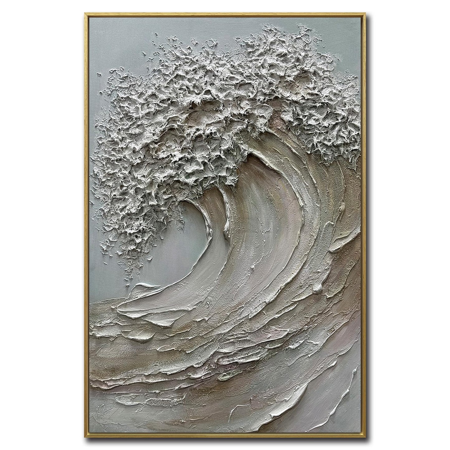 V-inspire 3D Textured Wave Canvas Wall Art, 24 x 36 inches, Hand-Painted Oil Painting with Wood Frame, Modern Abstract Ocean Decor