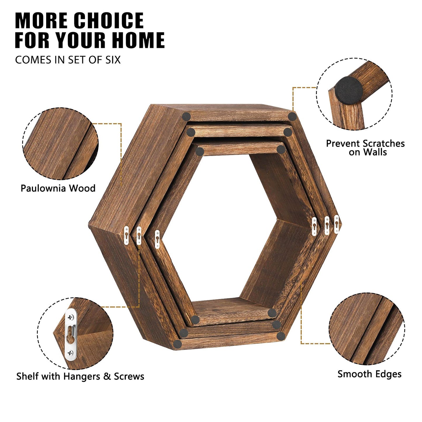NOVIMANGO Hexagon Floating Shelves Set of 6 Honeycomb Shelves for Wall Wood Farmhouse Storage Home Decor Shelf Wall Mounted Wooden Hexagonal Shelves for Bedroom Living Room Nursery, Rustic Brown