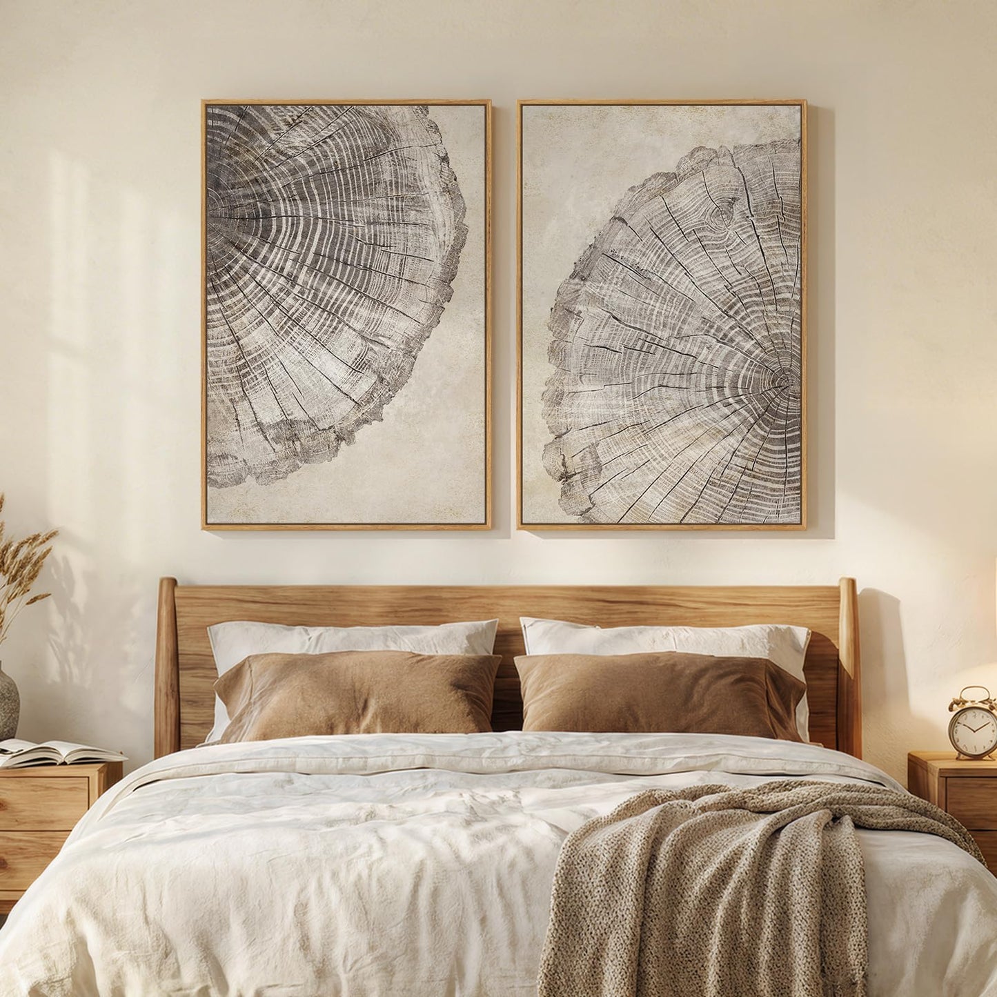 2 Piece Framed Neutral Tree Rings Wall Art for Living Room, Large Modern Wood Grain Canvas Prints Paintings, Farmhouse Nature Wabi Sabi Artwork Decor for Bedroom Hallway 24x36 Inch