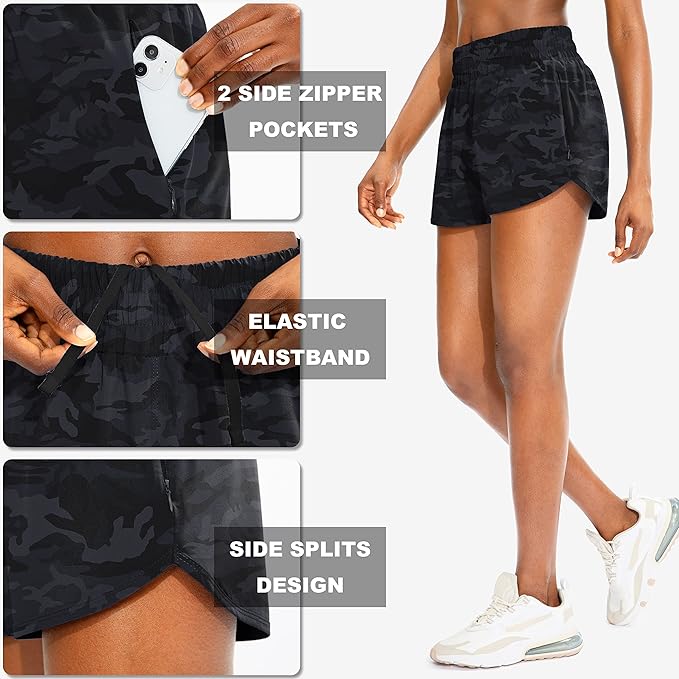 SANTINY Women's Running Shorts with Zip Pockets High Waisted Athletic Workout Gym Shorts for Women with Liner