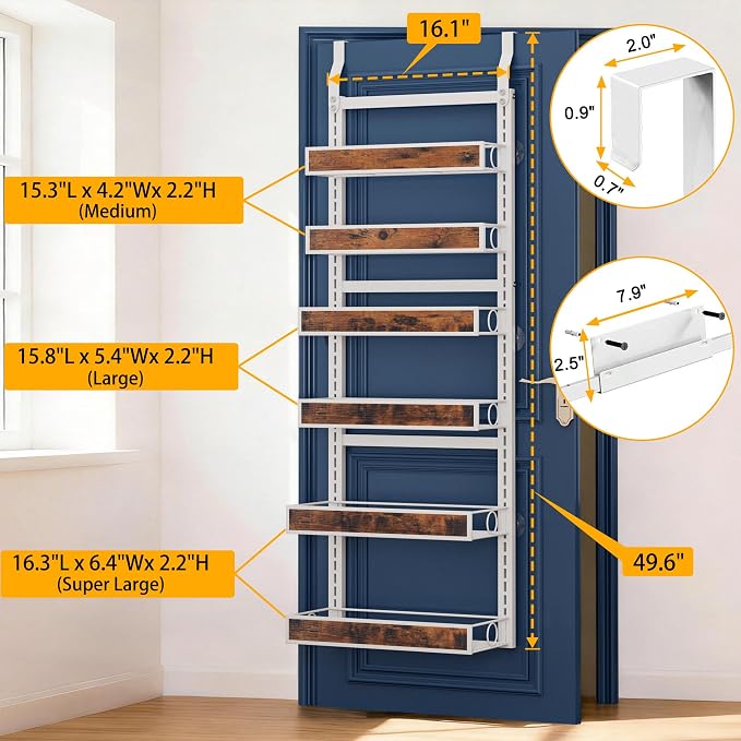 6 Tier Over The Door Pantry Orangizer 2 IN 1 Wall Mounted or Hanging Spice Rack with Adjustable Wood Basket,Heavy Duty Seasoning Storage Shelf for Kitchen Pantry and Bathroom