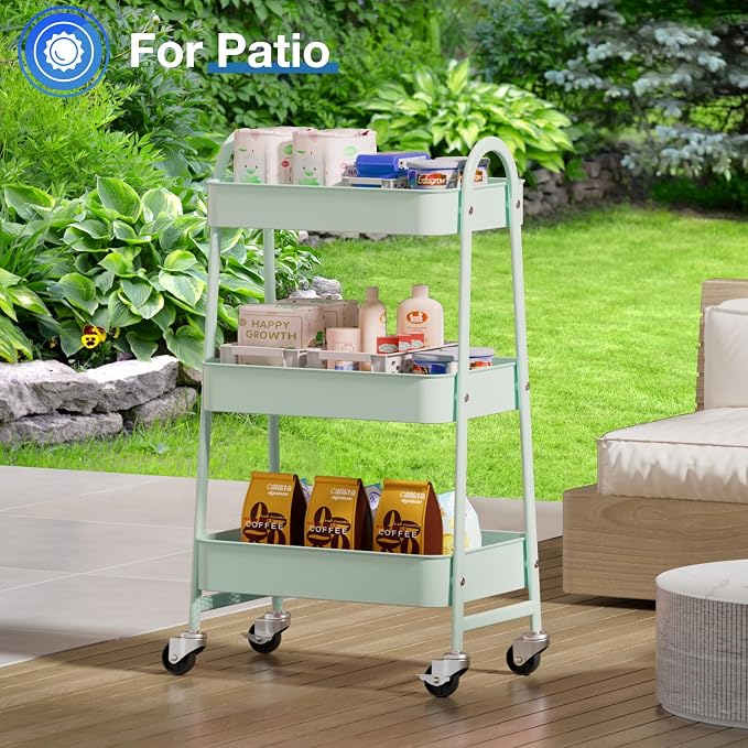 OLIXIS Metal Utility Cart, Mobile Rolling Storage Shelf with Lockable Caster Wheels, Organization for Livingroom, Bathroom & Narrow Places, 3 Tiers Green
