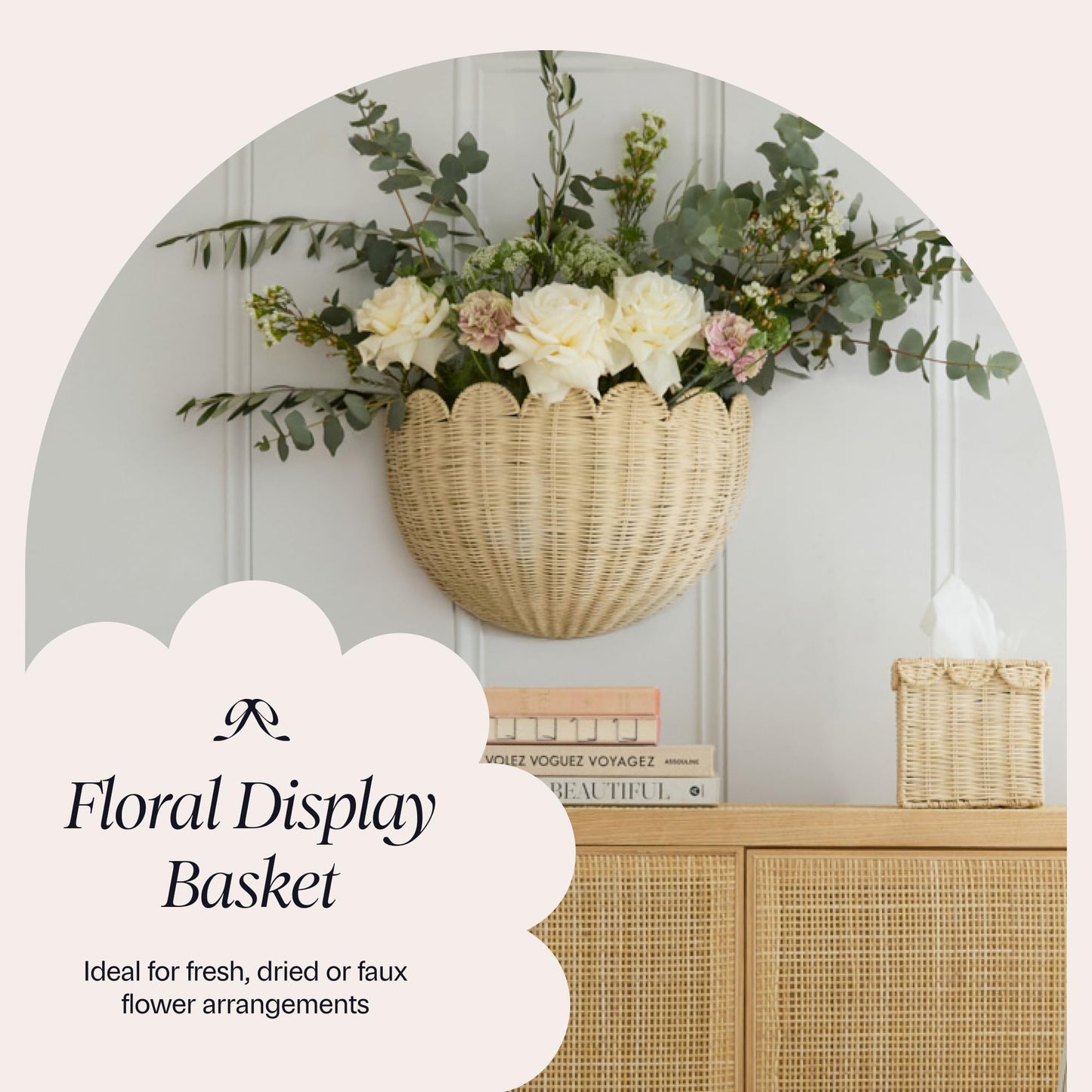 BEBE BASK Scalloped Wicker Wall Basket - The Original - Hand Woven Basket - Scalloped Décor Wall Hanging Baskets -16" x 10" x 7"In - Hanging Wall Basket (Natural)