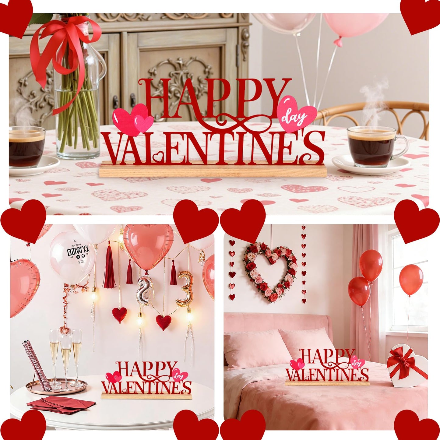 ASTNIC Metal Happy Valentine's Day Sign,Valentines Day Decorations Indoor Romantic Heart Word Valentines Day Table Decorations with Wooden Base for Home Decor Party Wedding Shelf Tabletop Centerpiece Gifts (Red, Happy Valentine’s)