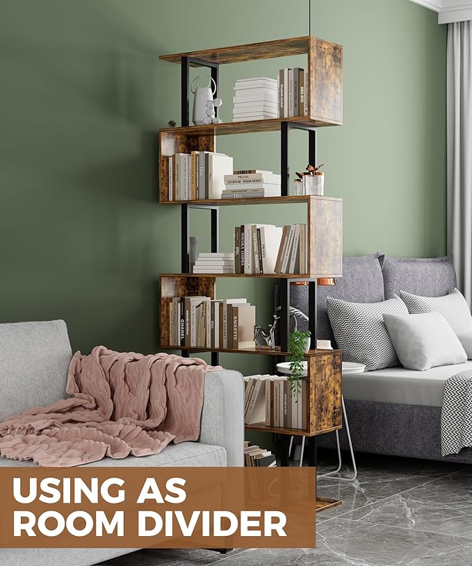 Gadroad 6 Tier Geometric Bookcase,S Shaped Bookshelf, Wood Decorative Storage Shelving, Modern Freestanding Display Shelves, Tall Book Shelf Unit for Living Room Bedroom, Rustic Brown