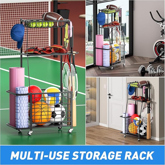 ZHOOGE Sports Equipment Organizer Garage Storage Organization, Garage Organizer Ball Storage Rack Rolling Cart with Basket and Hooks for Toy/Sports Gear Storage Indoor/Outdoor Use, Black