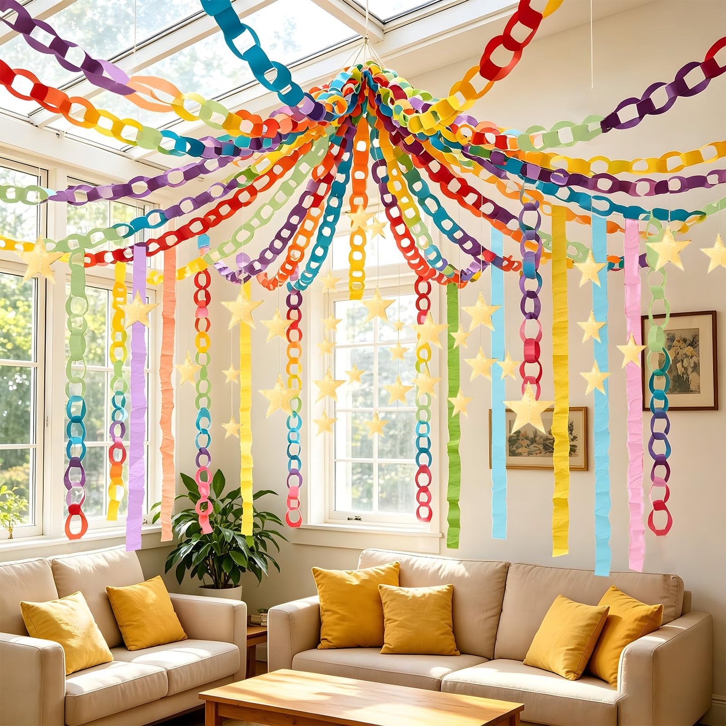 Yquqwn Pastel Paper Chain Garland Kit - 492ft Crepe Paper Streamers & 300 Sheets Paper Strips for Chains - 26ft Double-Sided Gold Star Garland for Birthday, Wedding, Macaron Party Decorations