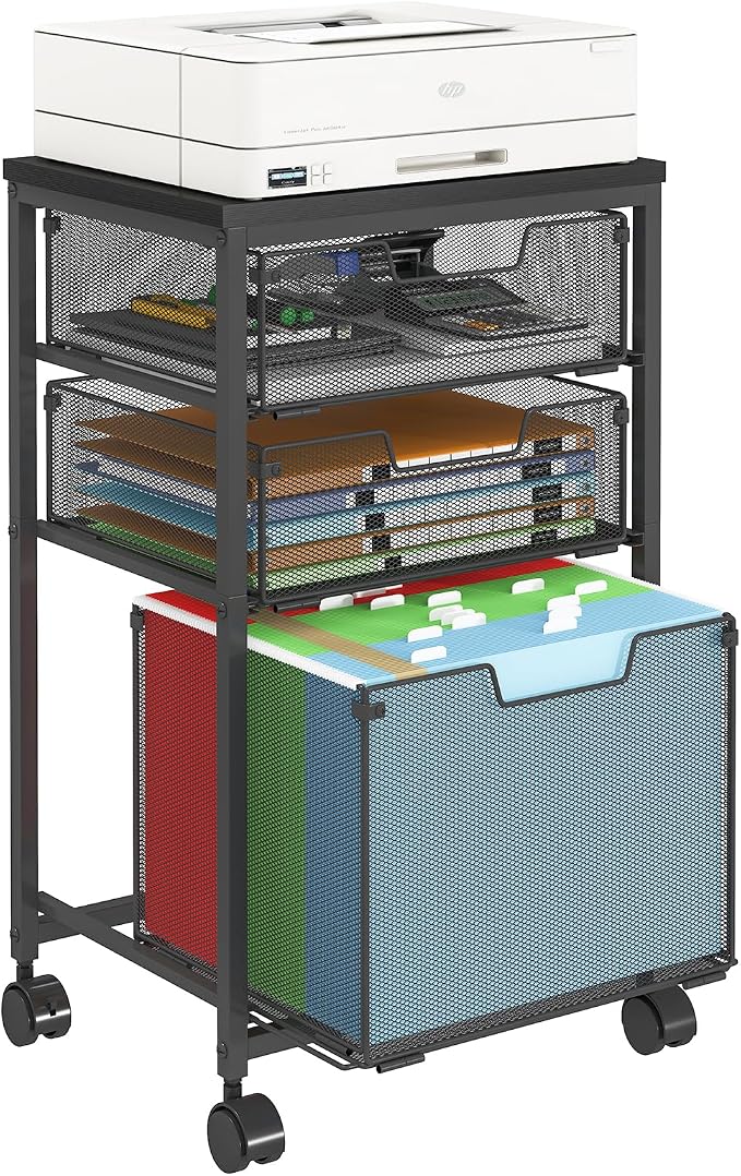 Sbanmao Rolling File Cart with 3 Drawers, Filing Cabinet, Hanging Folder Holder Organizer with Wheels, Under Desk Storage Utility Cart, File Cabinet Printer Stand for Home Office, Black