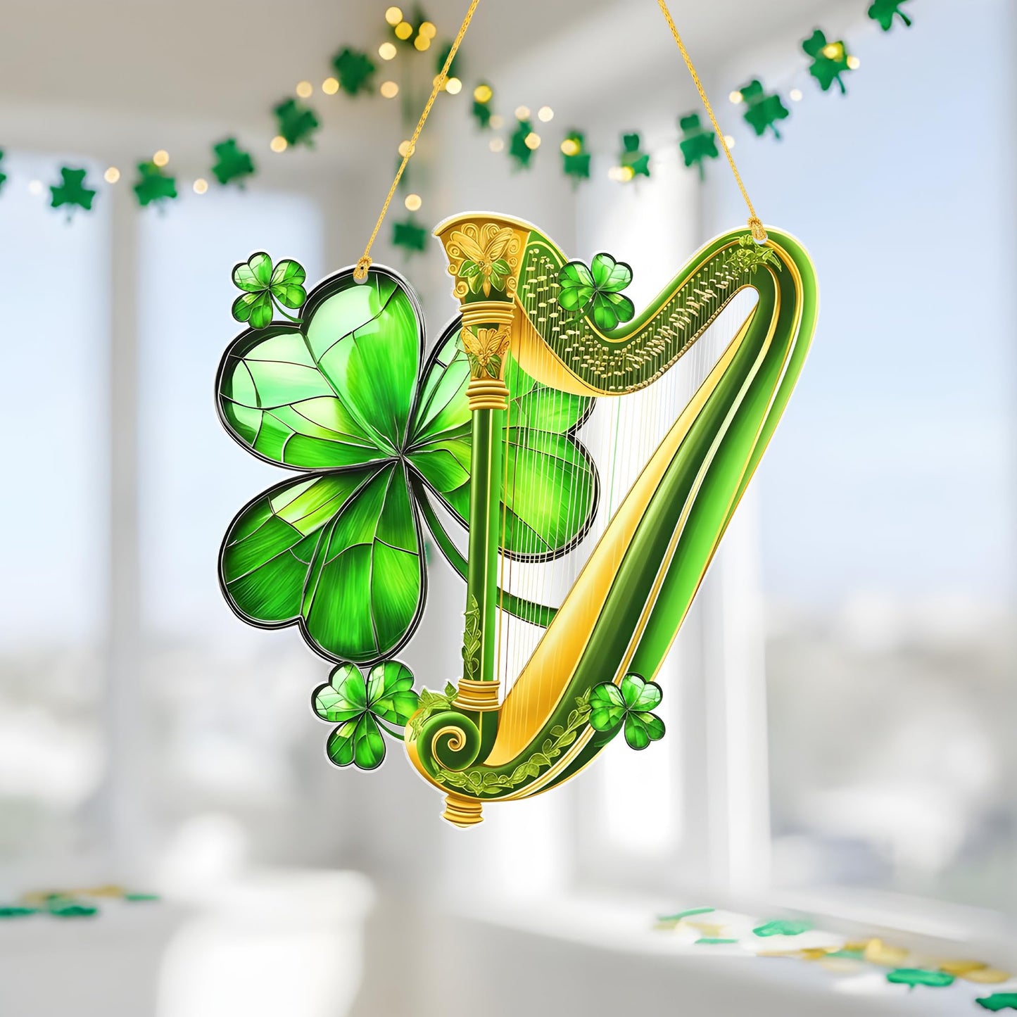 Irish Harp and Shamrock 2D Flat Acrylic Hanging Ornament, Green Gold Celtic Music Inspired Window or Wall Decor, Lucky Clover Holiday Decoration for Home Seasonal Display Gift Idea