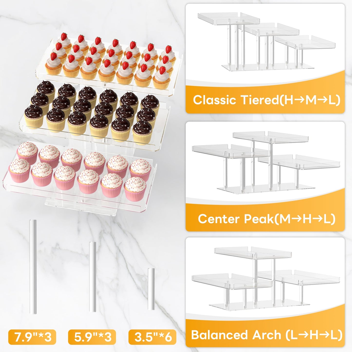 EffiQ-Rate 3 Tier Cupcake Stand, Transparent Acrylic Dessert Table Display Set, Adjustable Tiered Cupcake Holder Tower for Baking Serving on Weddings, Baby Showers, Birthday Party Buffet