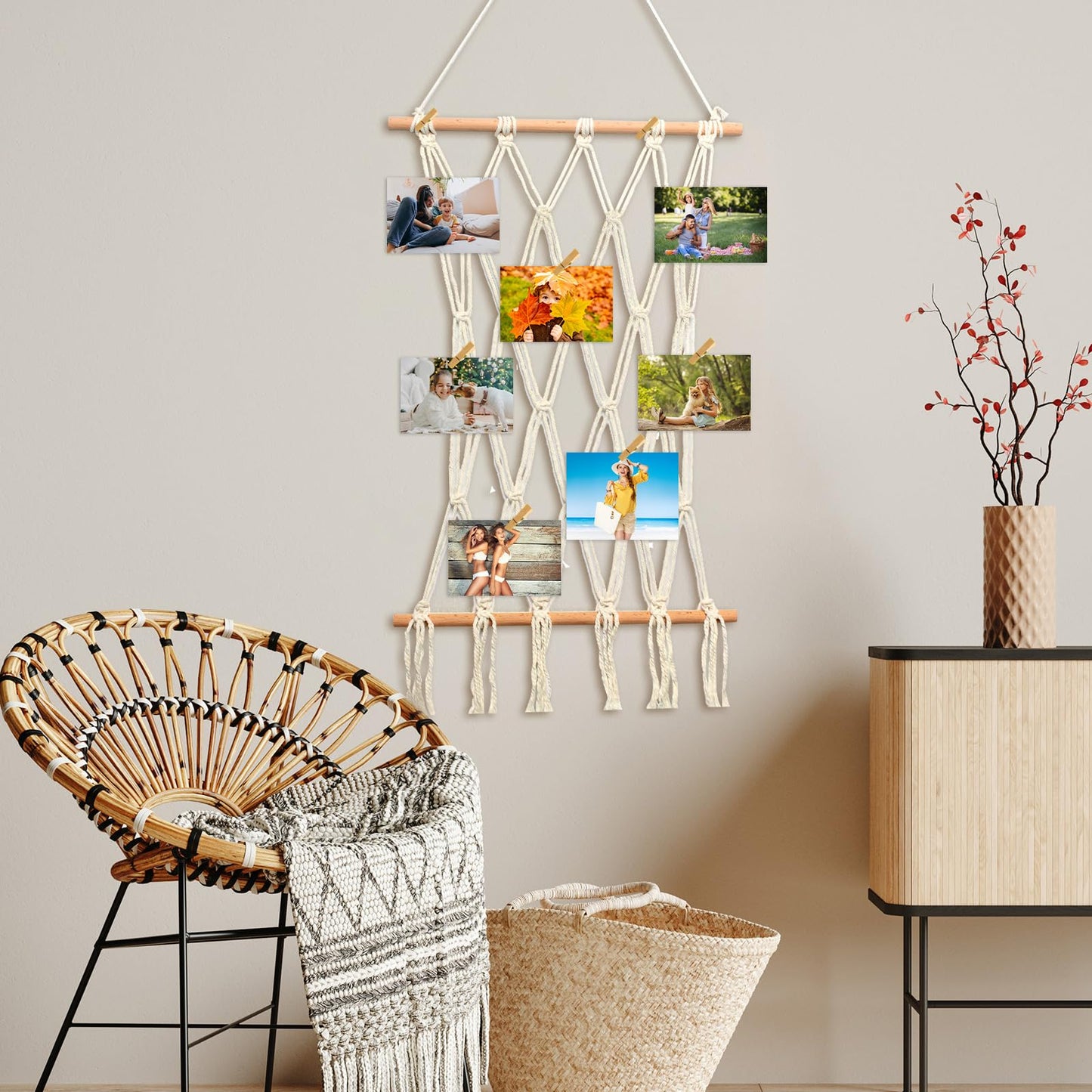 JONKASIPA Hanging Photo Display Wall Decor Macrame Wall Hanging Boho Collage Picture Frames Decor for Dorm Bedroom Living Room Teen Girl Gifts-B