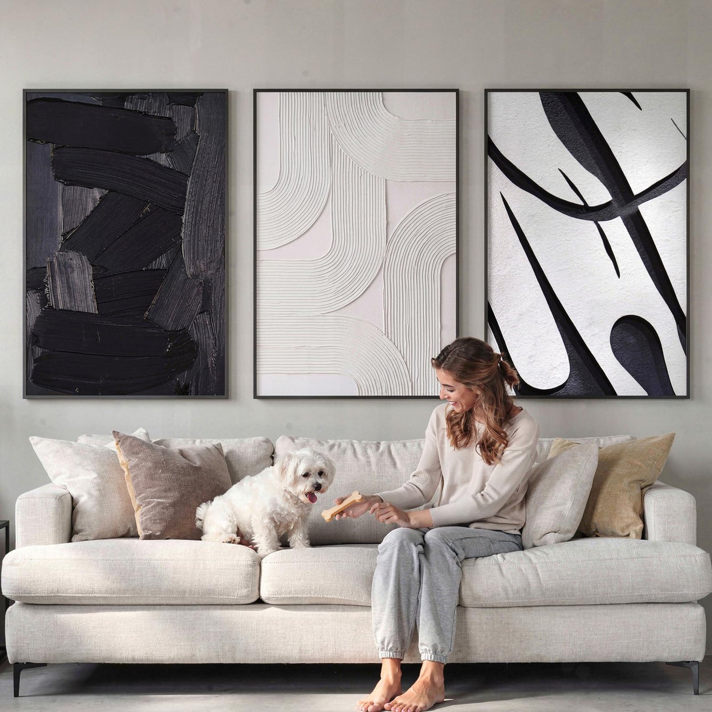 OurWarm 3D Large Framed Black and White Abstract Wall Art for Living Room, 3 Piece Big Minimalist Meutral Textured Modern Wall Art, Wall Pictures for Living Room Hallway Office Wall Decor 24x36 Inch