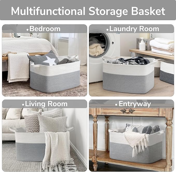 Goodpick Large Toy Storage Basket, Grey Cotton Rope Baskets Toy Storage Bin for Baby, Kids, Woven Storage Basket with Handle for Laundry, Living Room, Nursery, Bedroom, 21.6" x 14.9" x 11.8"