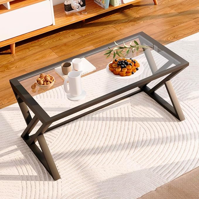 Wolawu Coffee Table Black Glass Coffee Table for Living Room,Modern Rectangular Center Table with Sturdy Metal Frame,Tempered Glass Table Tea Tables for Bedroom Home Office