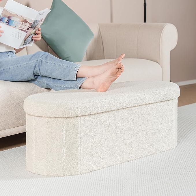 B FSOBEIIALEO Ottoman with Storage for Living Room, Sherpa Folding Storage Ottoman Foot Rest, 43.3 Inches Collapsible Bedroom Bench White Cream