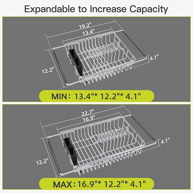 JASIWAY Expandable Stainless Steel Dish Drying Rack Over The Sink For Small Kitchen, Counter Space Saving Compact Plate Drainer Strainer, Adjustable Hanging Metal Dish Dryer Holder with Utensil Holder