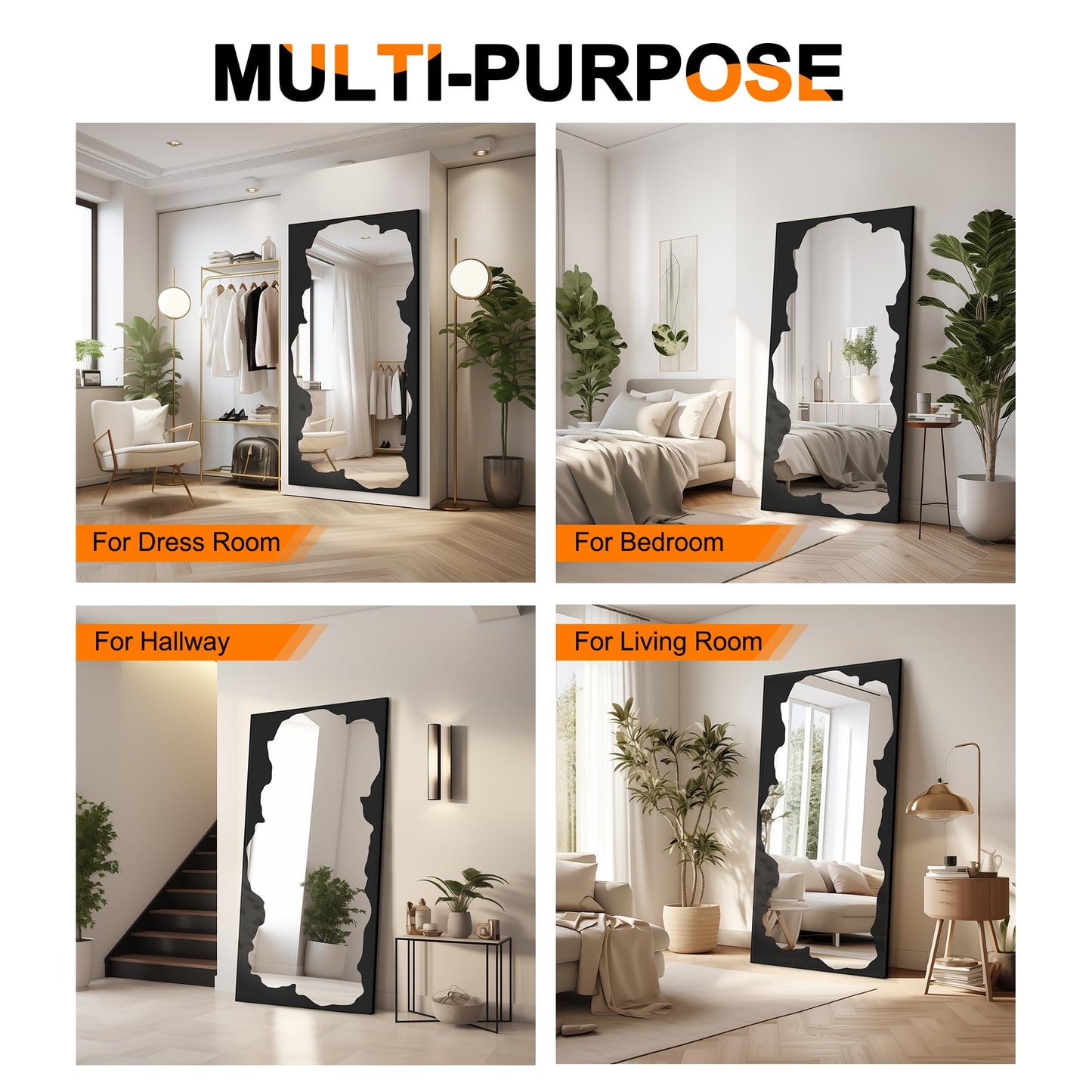Full-Length Mirror Free Standing Leaning Mirror with Artistic Black Abstract Overlay Deco, 64"x32" Shatterproof Wall-Mounted Mirror, Perfect for Living Room, Bedroom, Cloakroom, and Bathroom Decor