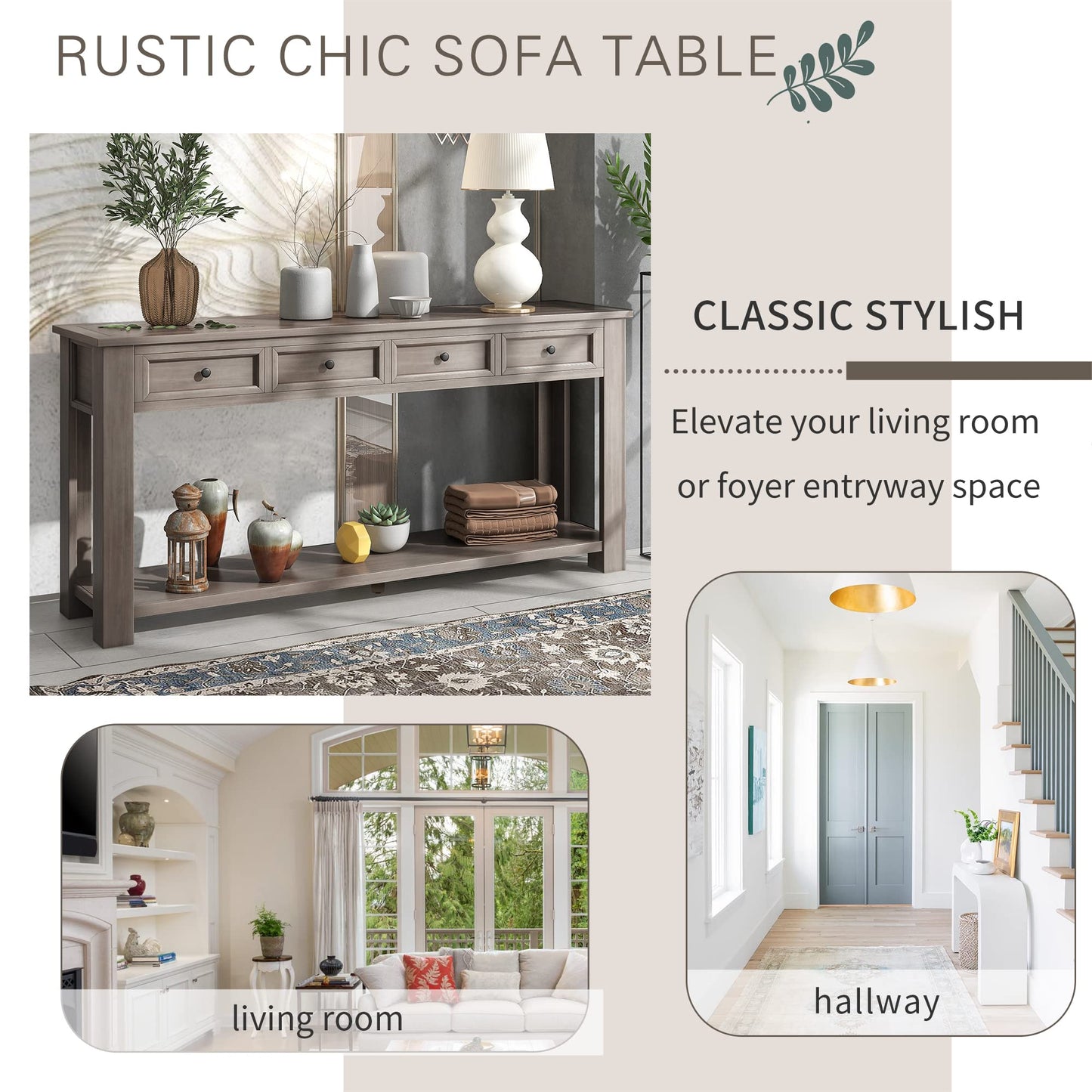Jintop Solid Wood Console Sofa Table with 4 Drawers and Tabletop,Bottom Shelf for Entryway Hallway or Living Room,Space Saving,Easy to Assemble,Gray Wash,63" L×14" W×30" H