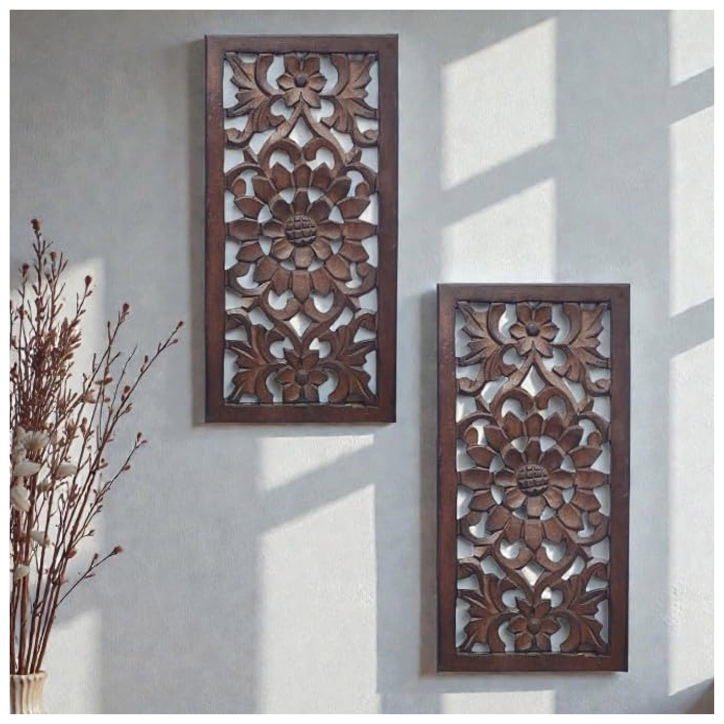 Wood Wall Art -Wall Panels in Handcrafted Carved Wood For Livingroom Bedroom,Dining room,Elegant Decorative Wall Art for Home & Office 8x16" Set of 2 Burnt Brown_ Flowers Designs