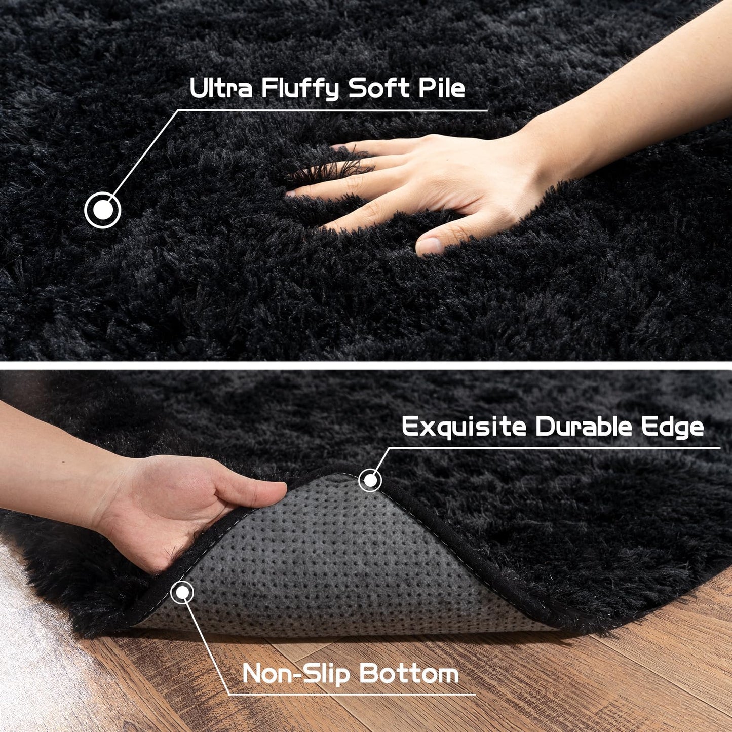 Pionblank Fluffy Small Rug for Bedroom 2x3 Feet, Shag Soft Area Rug, Modern Plush Carpet, Furry Cute Bedside Rug for Kids Girls Boys Room Nursery Decor, Black