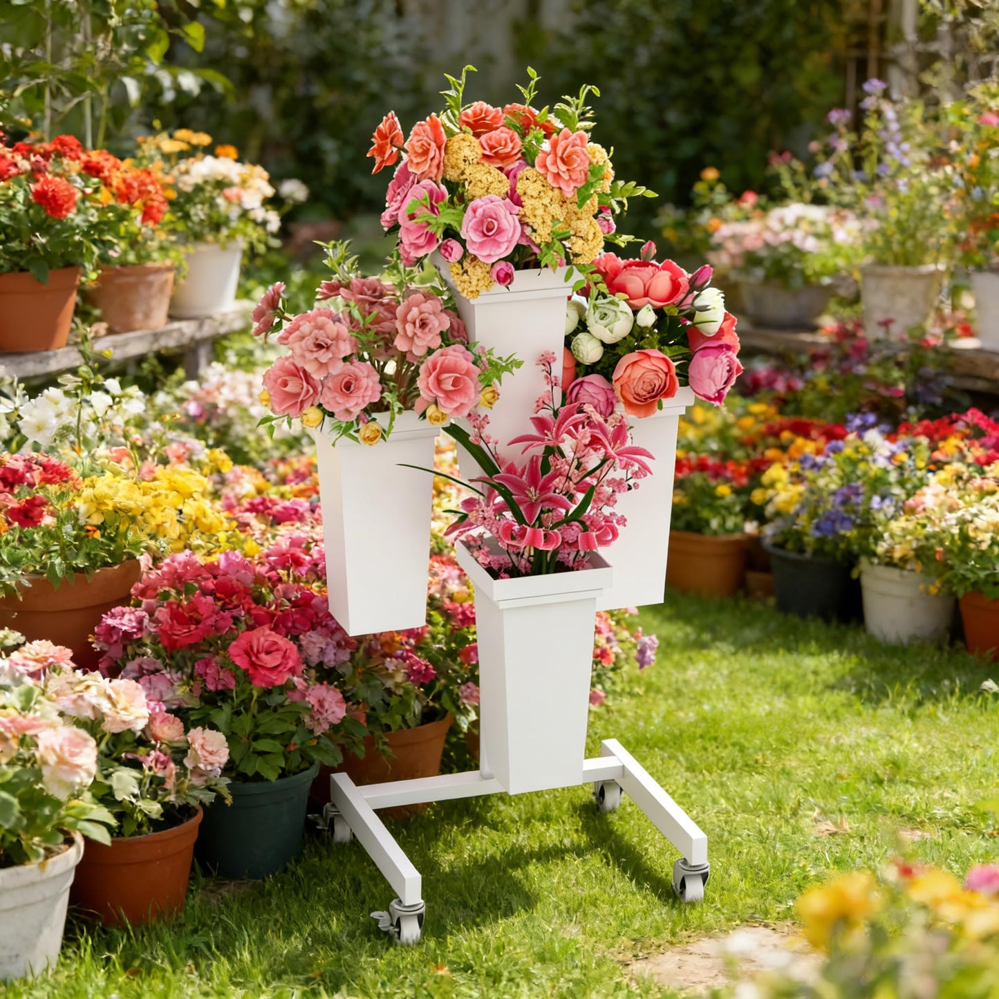 aboxoo Flower Display Stand with Buckets, Sturdy Flower Cart with Wheels, Metal Bouquet Bar for Wedding, Party, Patio, Bridal Shower