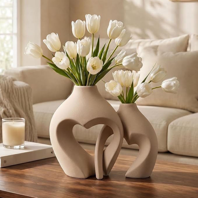Brown Ceramic Flower Vases Home Decor Heart Shaped Vase Set of 2 Nordic Heart Shaped Vases, Minimalist Decorative Vase for Table Centerpiece Wedding Dining Living Room Office House Decoration