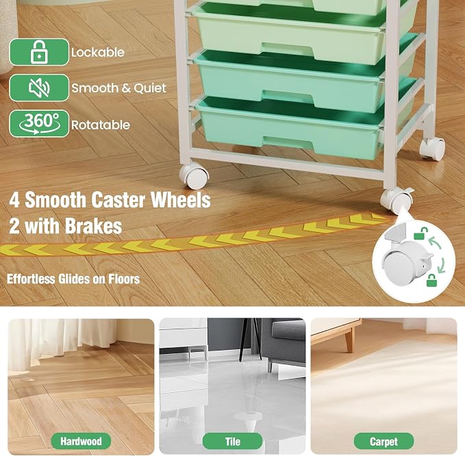 Rolling Storage Cart with 8 Drawers & Wooden Tabletop, Utility Cart On Wheels for Craft Storage, Home, School, Bedroom, Living Room, Dorm, Office, Classroom Storage Organizer Cart, Green, White