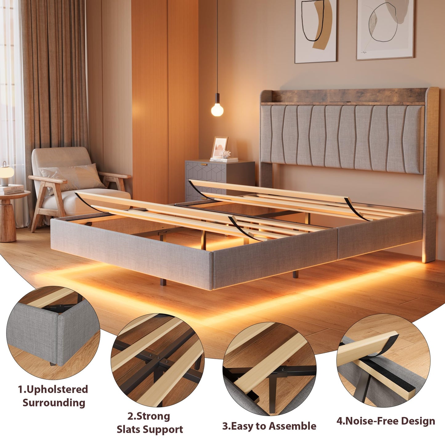 GarveeHome Floating Bed Frame King with LED Lights & USB Charging Station – Modern Upholstered Platform Bed with Headboard, Solid Wood Slats Support, No Box Spring, Easy Assembly, Noise-Free, Grey