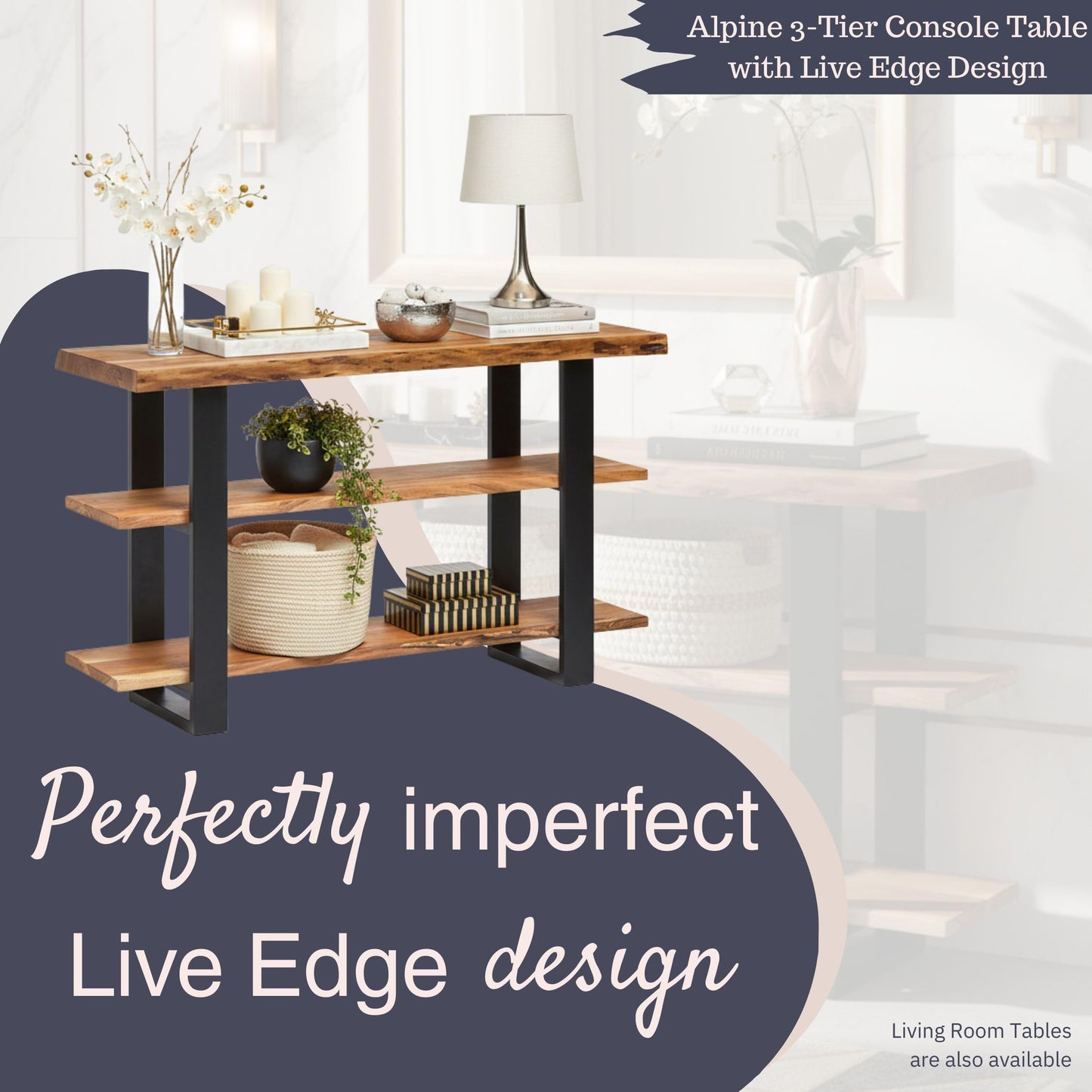 Alpine 3-Tier Live Edge Console Table with Metal Frame – 48-Inch Solid Acacia Wood Entryway Table – Rustic Modern Industrial Sofa Table or Media Console by Alaterre Furniture (Natural Finish)