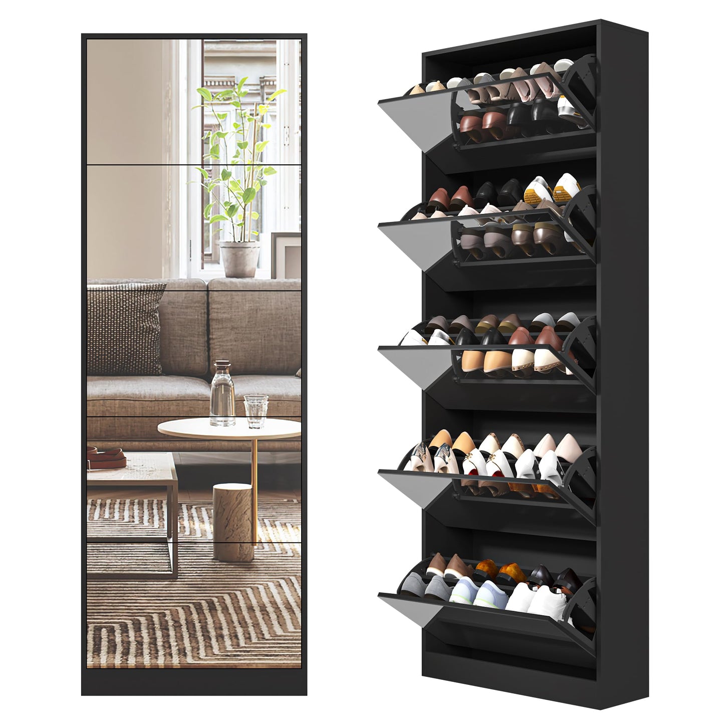 Organizedlife Shoe Storage Cabinet with Full Length Mirror, 30 Pairs & 5 Flip Drawer, Free Standing Shoe Rack Cabinet, Narrow Shoes Organizer for Front Door, Entryway (2-Shelf of Drawers, Black)