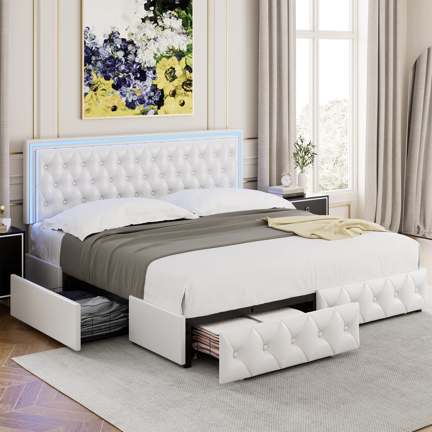 Keyluv Queen Upholstered LED Bed Frame with 4 Drawers, PU Leather Platform Storage Bed with Adjustable Button Tufted Headboard and Solid Wooden Slats Support, No Box Spring Needed, White