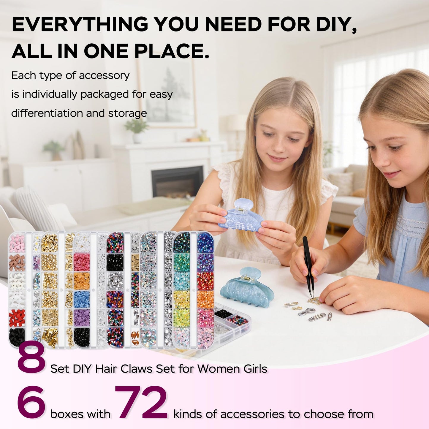 8 Sets DIY Hair Claw Clips Kit for Crafts, Acrylic Claw Clips Bulk with 72 Accessories & 4 Tools, Custom Hair Clip Making Kit, Resin Rhinestone Decor Claw Clip Set for Women Adults DIY Craft