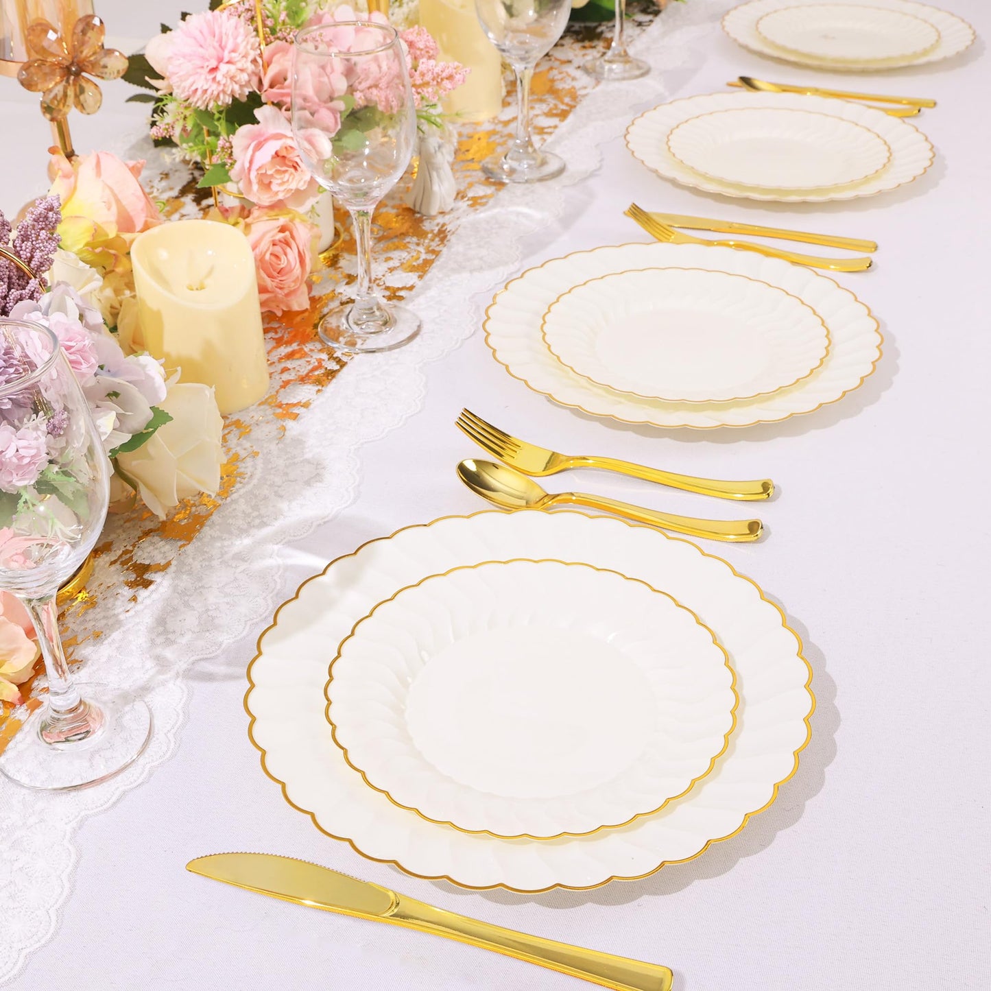 210 Pcs Ivory Scalloped Plastic Dinnerware for 30 Guests,Cream Gold Scalloped Disposable Plastic Plates Including 30 Dinner&Dessert Plates,Cups,Silverware for Party,Wedding
