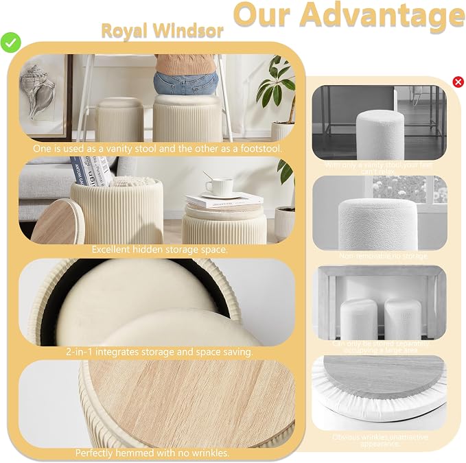 Royal Windsor Round Ottoman with Storage Set of 2,Vanity Stool with Storage for Bedroom, Ottoman Coffee Table,Small Velvet Foot Stool for Living Room, Beige