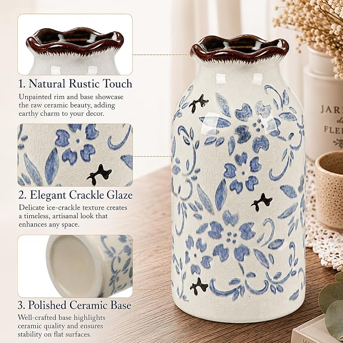 Blue Vase Chinese Ceramic Crackle Floral Vase for Blue and White Porcelain Home Bookshelf Living Room Table Centerpiece Decor