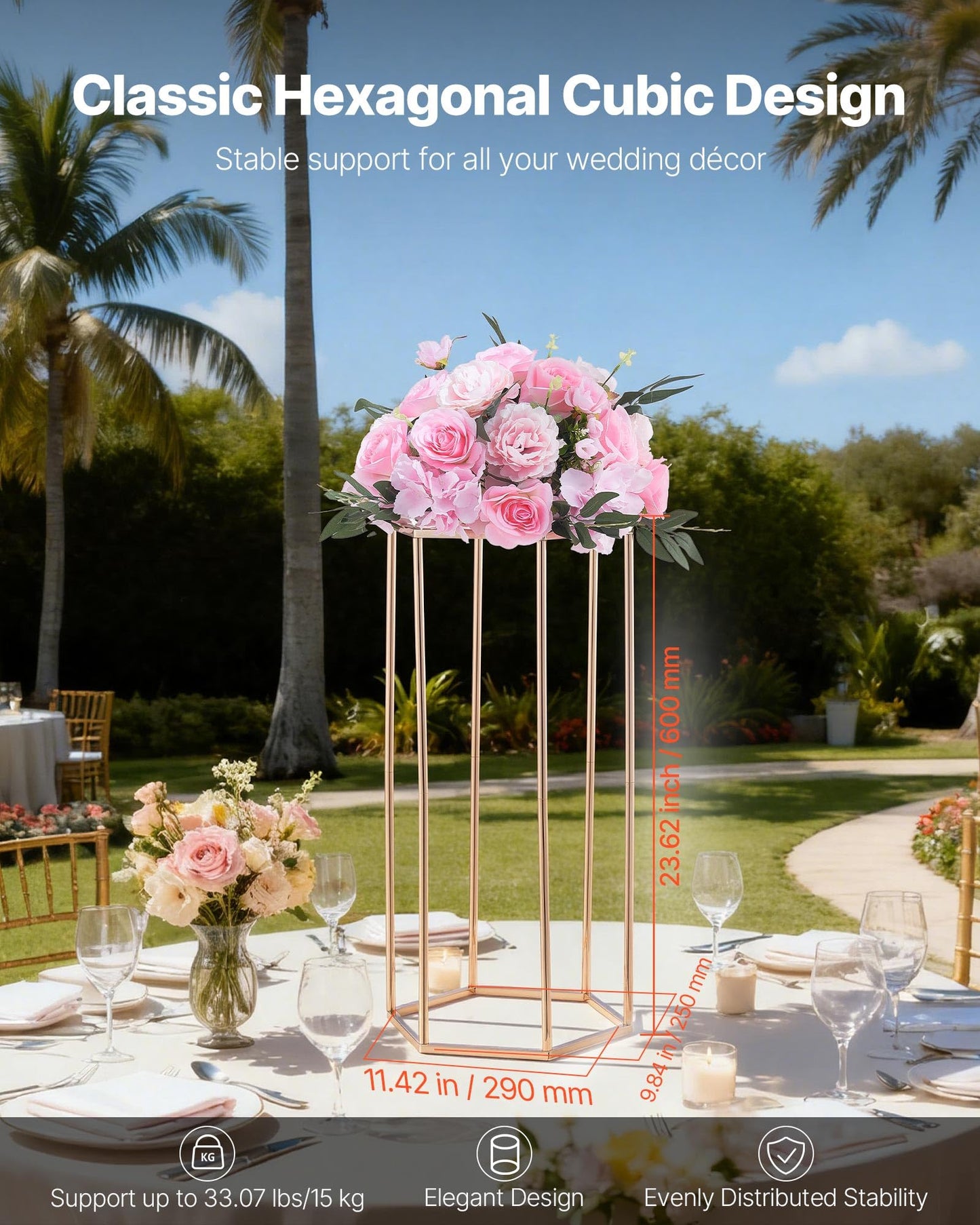 VEVOR Wedding Flower Stand, 10PCS 23.62-inch Column Flower Stand, Floral Stands with Acrylic Laminate, Hexagonal Cubic Floral Display Rack for Wedding, Party, Birthday, Home,French Gold Stands