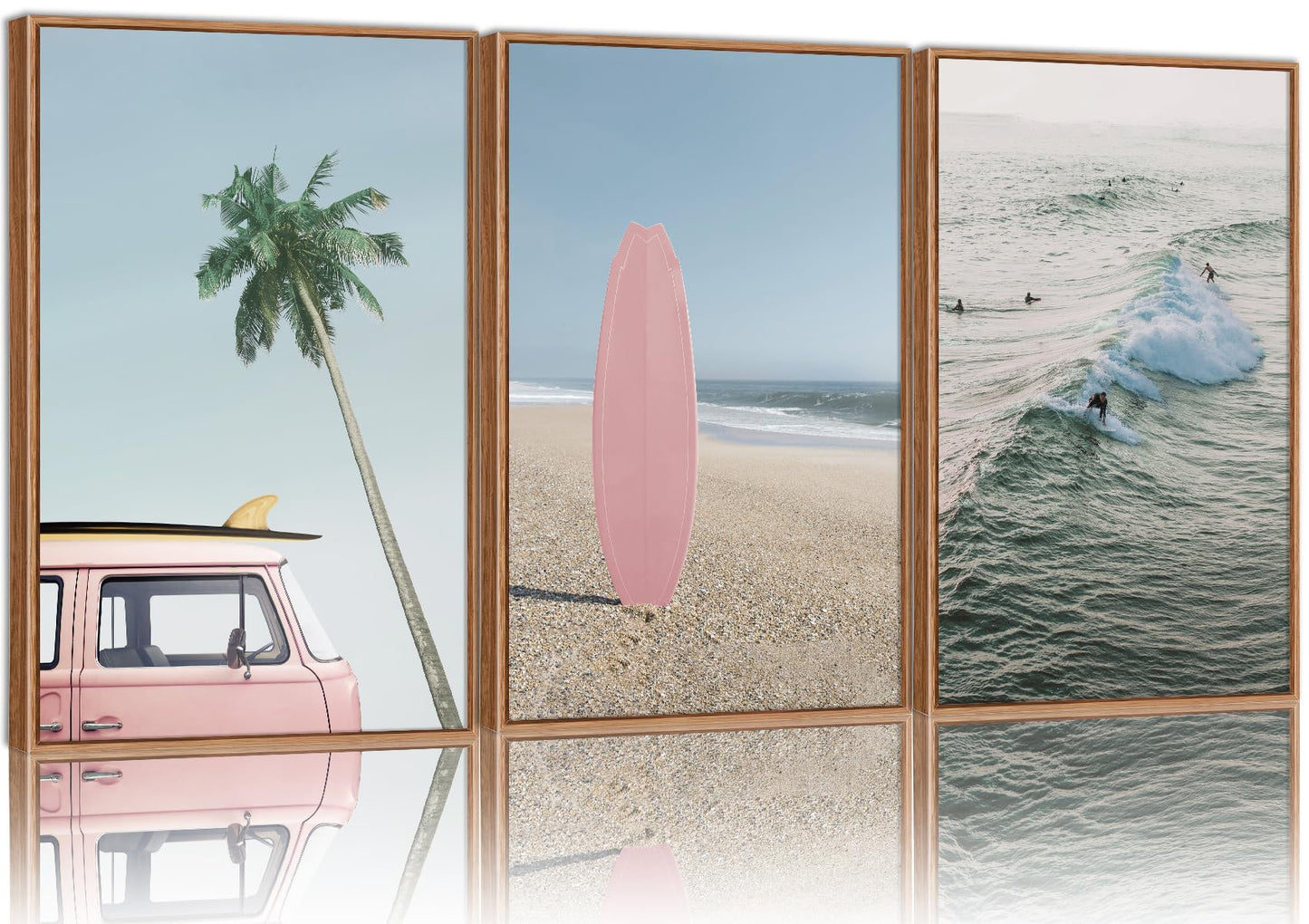 Tinonedraw Large Ocean Beach Framed Canvas Wall Art, Summer Coastal Surfboard Wall Decor, Palm Tree Pink Car Artwork, Modern Surfing Seascape Art Prints for Living Room Bedroom Office 16"x24"x3