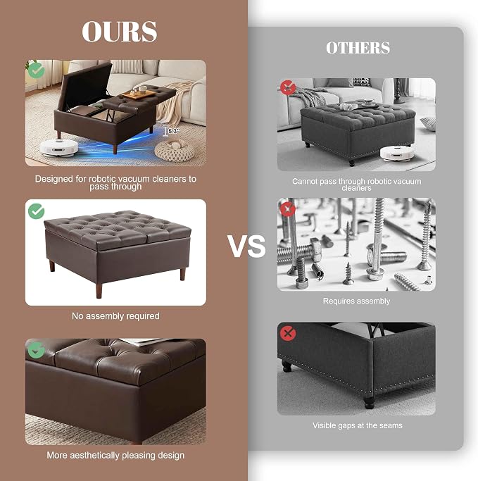 Weture 35 Inch Extra Large Storage Ottoman Coffee Table, No Assembly Required, Oversized Square Ottoman with Storage, Tufted Upholstered Ottomans Coffee Table for Living Room (Leather, Brown)
