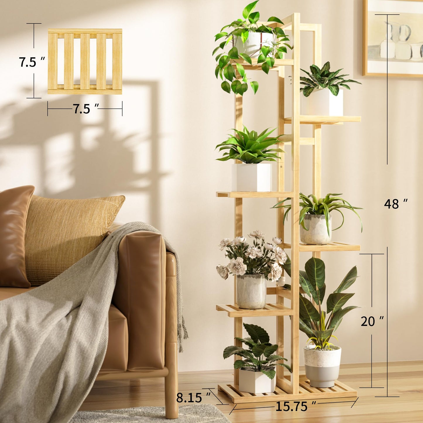ROMGUAR CRAFT 6 Tier Bamboo Plant Stand Indoor, Wood Tall Flower Holder Corner Tiered Plant Shelf for Multiple Plants (Natural)