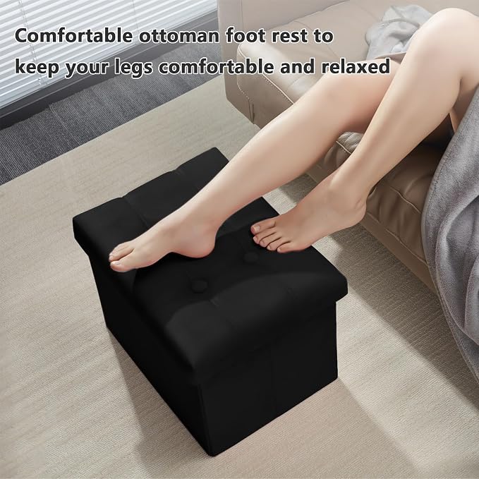 AmasSmile Storage Ottoman Foot Rest Stool, 17 inch Velvet Footstool Bench, Black Short Ottomans Stool, Small Folding Storage Ottoman Store Books, Record