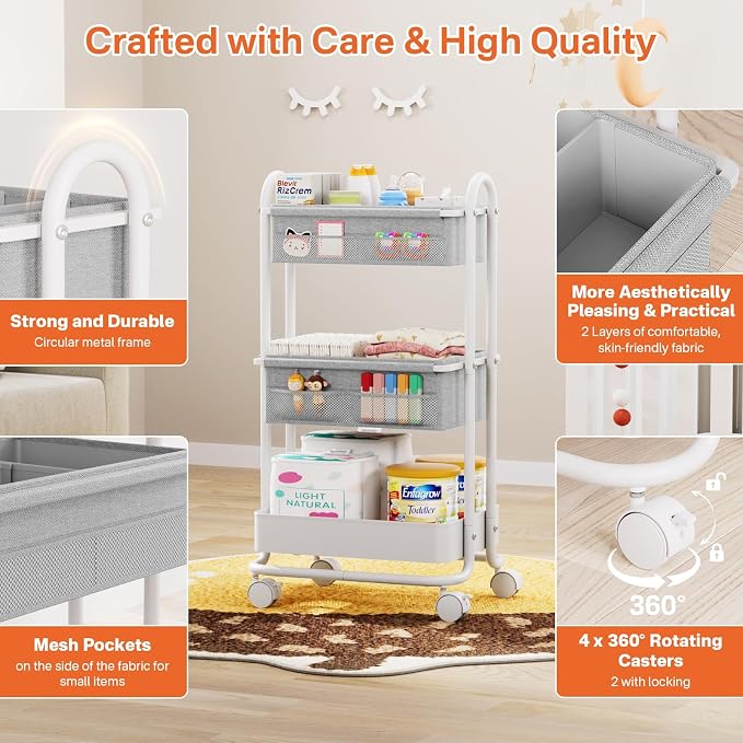 Modanais Baby Diaper Caddy Organizer Cart - 3 Tier Rolling Storage Cart with Wheels, Baby Essentials for Nursery Storage, Detachable Dividers - for Crib, Bedroom, Art & Craft Organizer (Light Gray)
